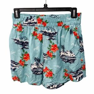 Brixton Paradise Tropical Shorts Canal Blue Hibiscus Relaxed Pull-On Size S